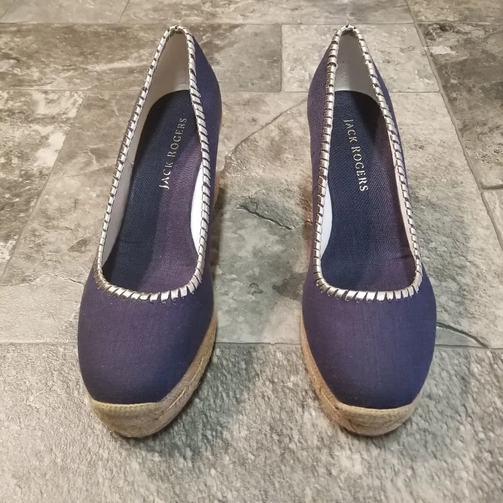 Jack Rogers Palmer Jute-wrapped Wedge Espadrille Midnight Blue Vaca‎ Beach 9.5